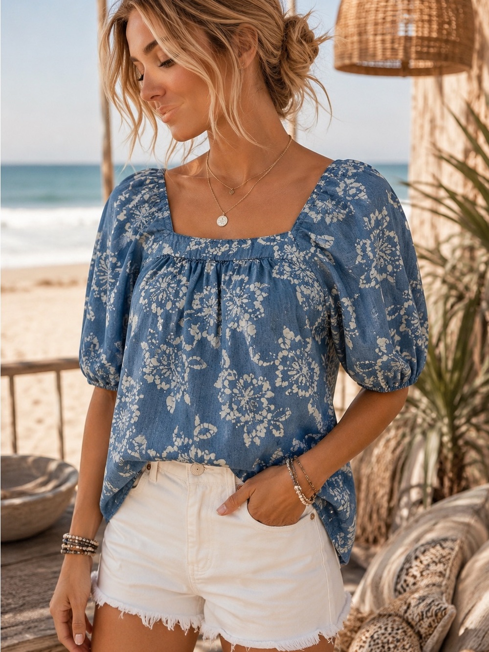 Caslon Blue Floral Lyocell Puff Sleeve Square Neck Blouse Size S Cottagecore